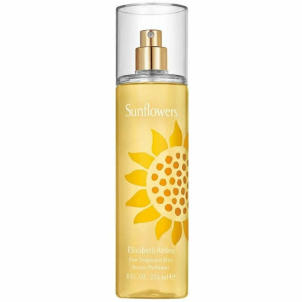 Flacone giallo con design girasole. Scritta 'Sunflowers' e 'Elizabeth Arden'. Tappo trasparente.