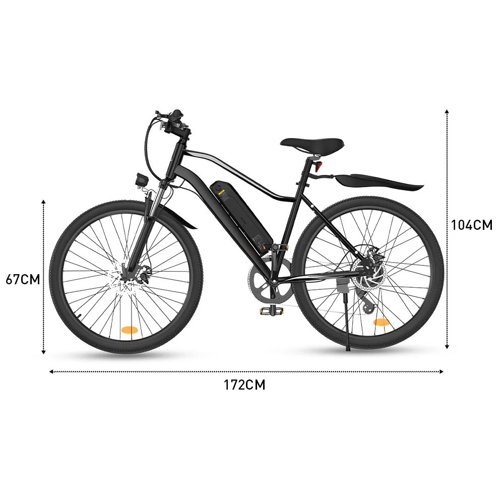 Bicicletta elettrica nera con misure. Altezza 104 cm, lunghezza 172 cm. Vista laterale.