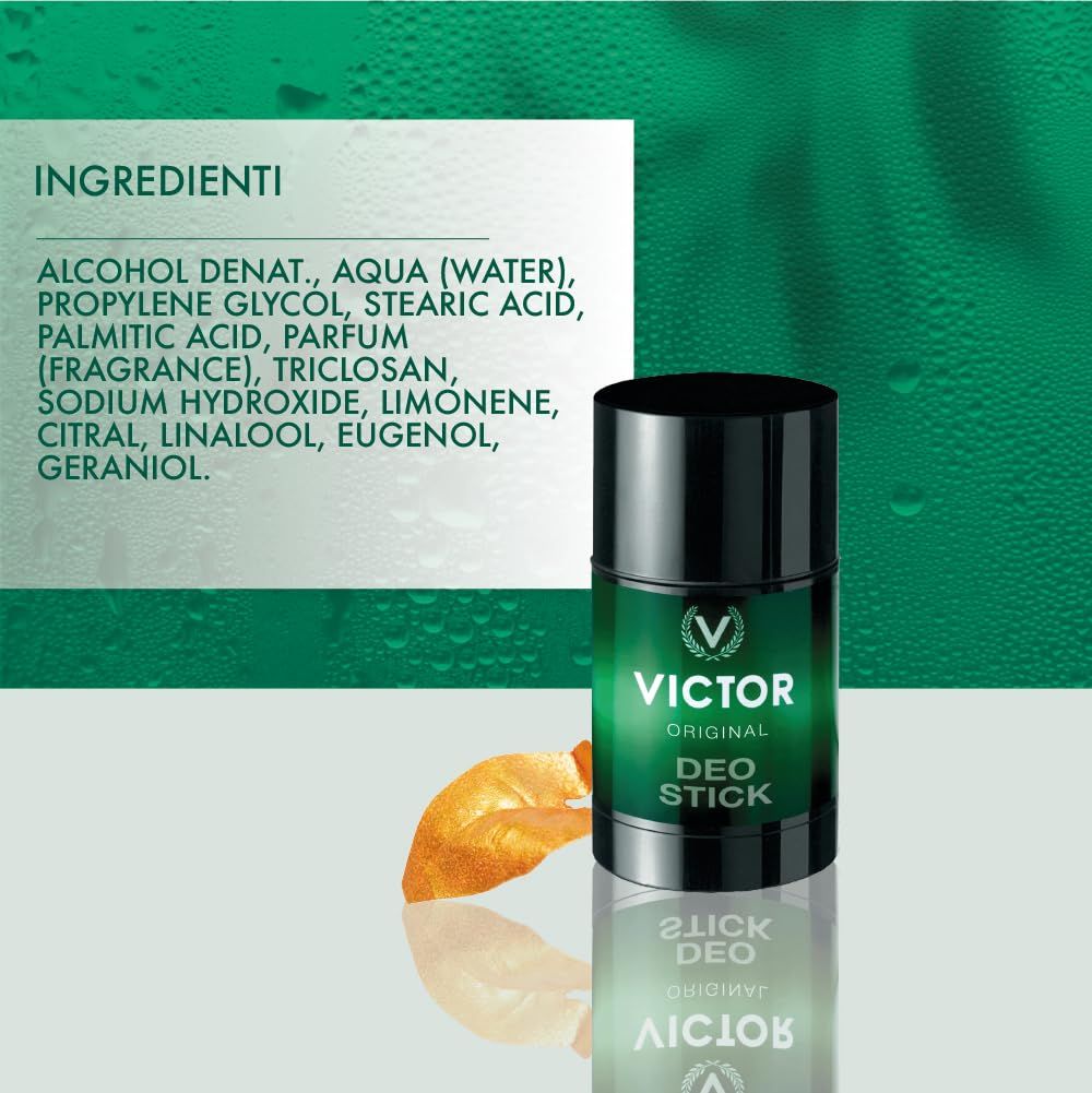 Deo stick con elenco ingredienti. Scritta: VICTOR ORIGINAL DEO STICK. Sfondo verde con foglie dorate.