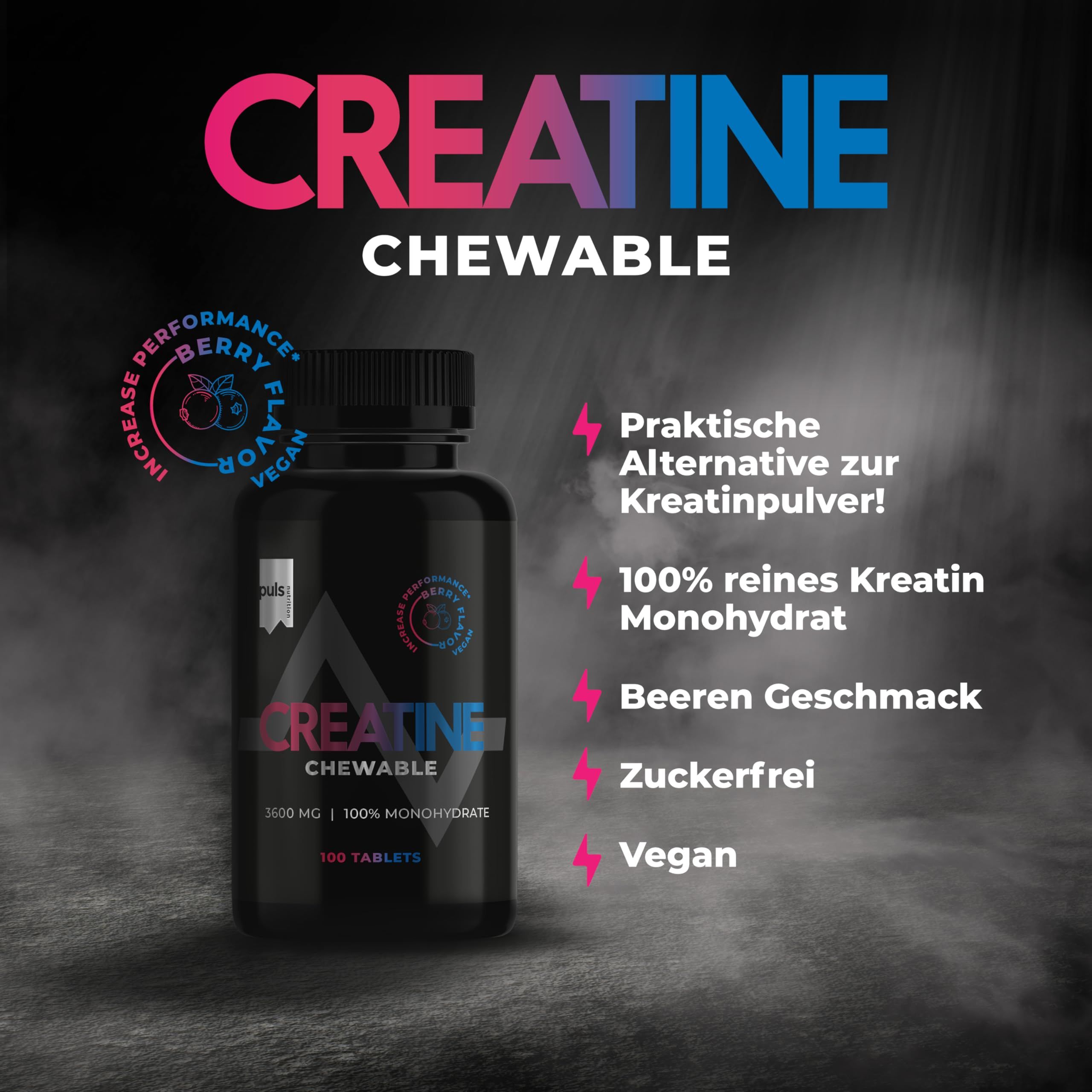 Barattolo nero "Creatine Chewable" gusto bacca. "Alternativa pratica alla creatina in polvere" è indicato accanto.