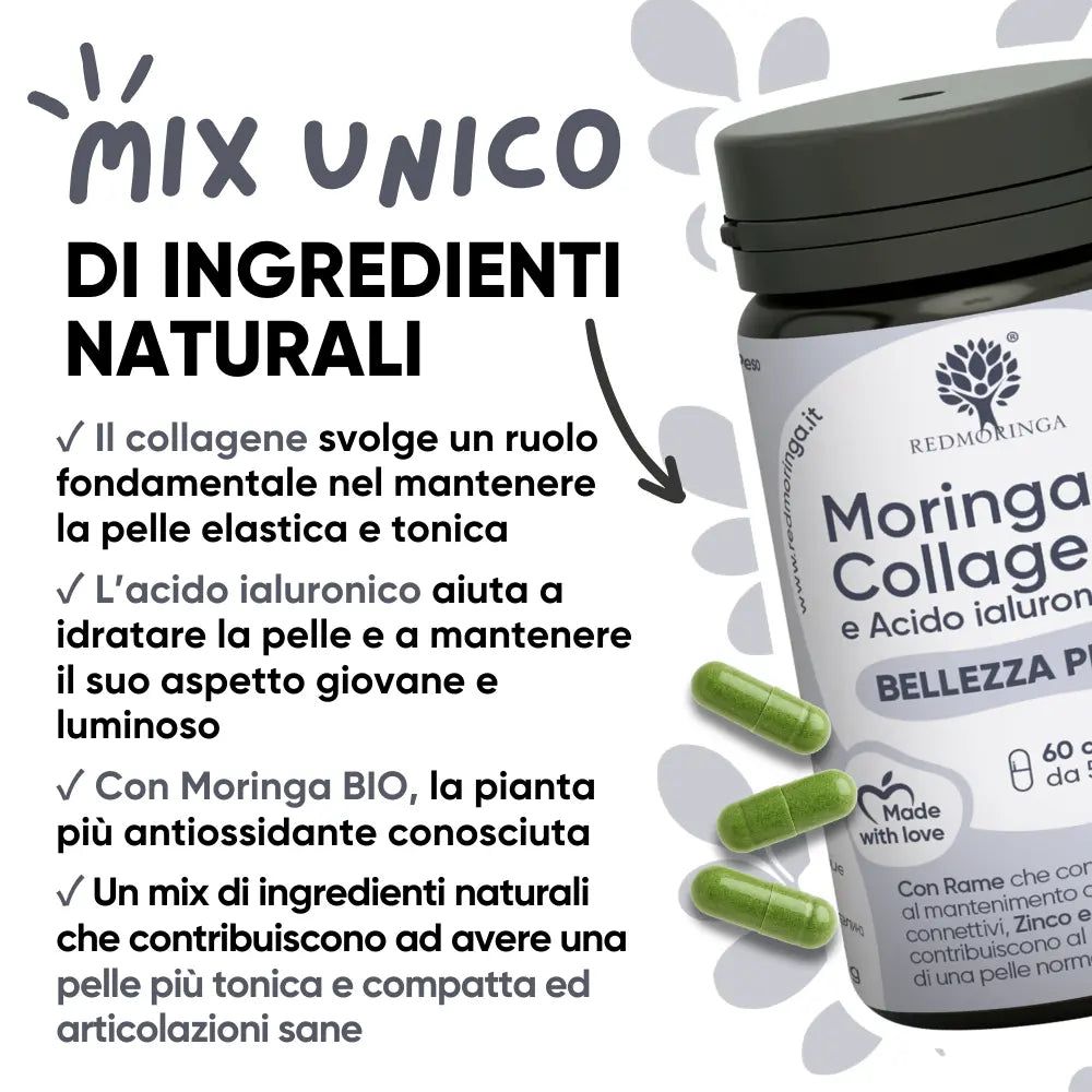 Flacone di capsule. Testo: RedMoringa, Moringa Collagene e Acido Ialuronico. Capsule verdi. Testo sugli ingredienti.