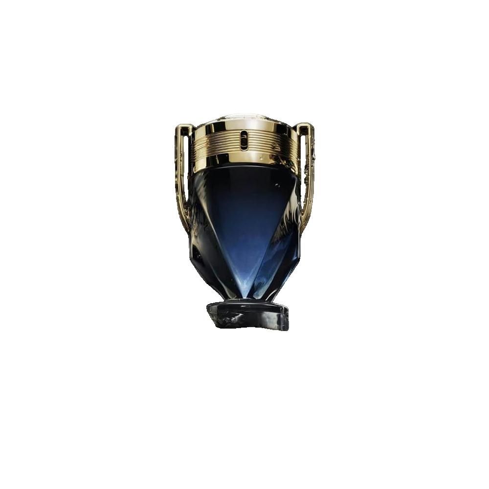 Flacone di profumo blu a forma di coppa, tappo e manici dorati. Base nera.