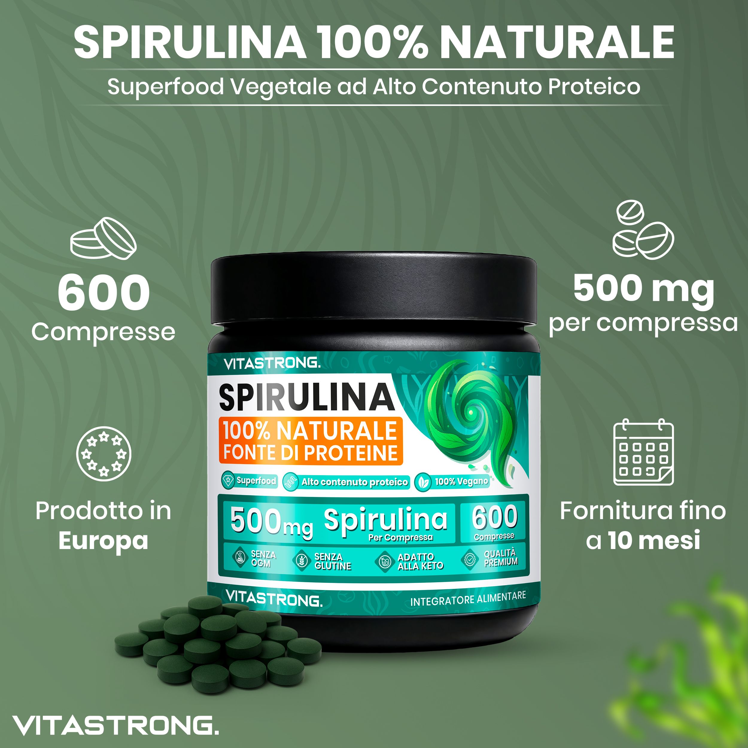 Barattolo e compresse di Spirulina. 600 compresse. 500mg per compressa. Prodotto in Europa. Vegano.