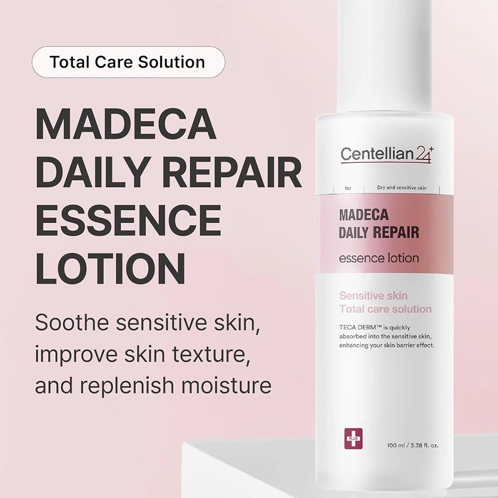 Flacone bianco con etichetta rosa. Scritta: Madeca Daily Repair Essence Lotion. Testo: Total Care Solution. Marchio: Centellian 24.