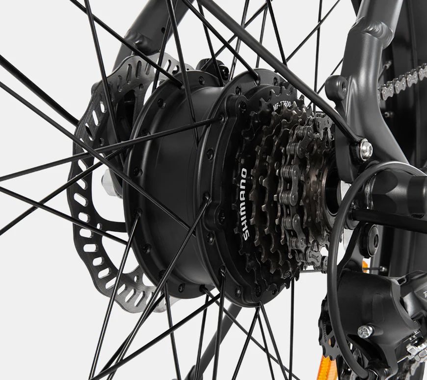 Primo piano della ruota posteriore di una DYU C1. Cambio Shimano, disco freno. Pneumatici neri.