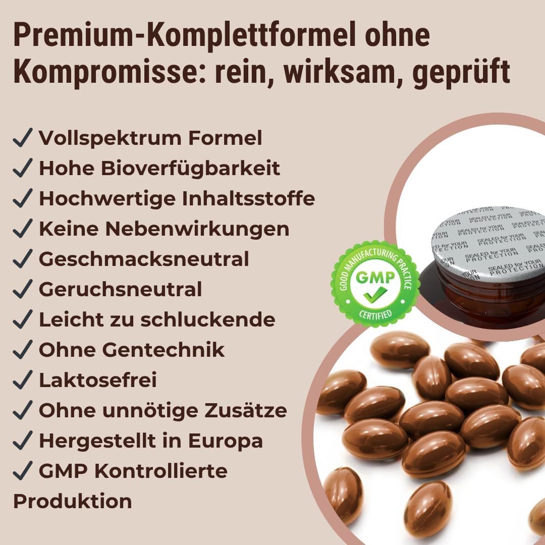 Capsule marroni su sfondo bianco. Testo: Formula completa premium senza compromessi. Certificazione GMP.