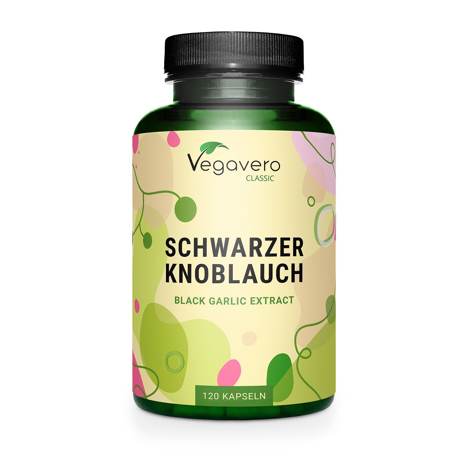 Flacone verde con tappo nero. Scritta: Aglio nero, 120 capsule. Marchio: Vegavero.