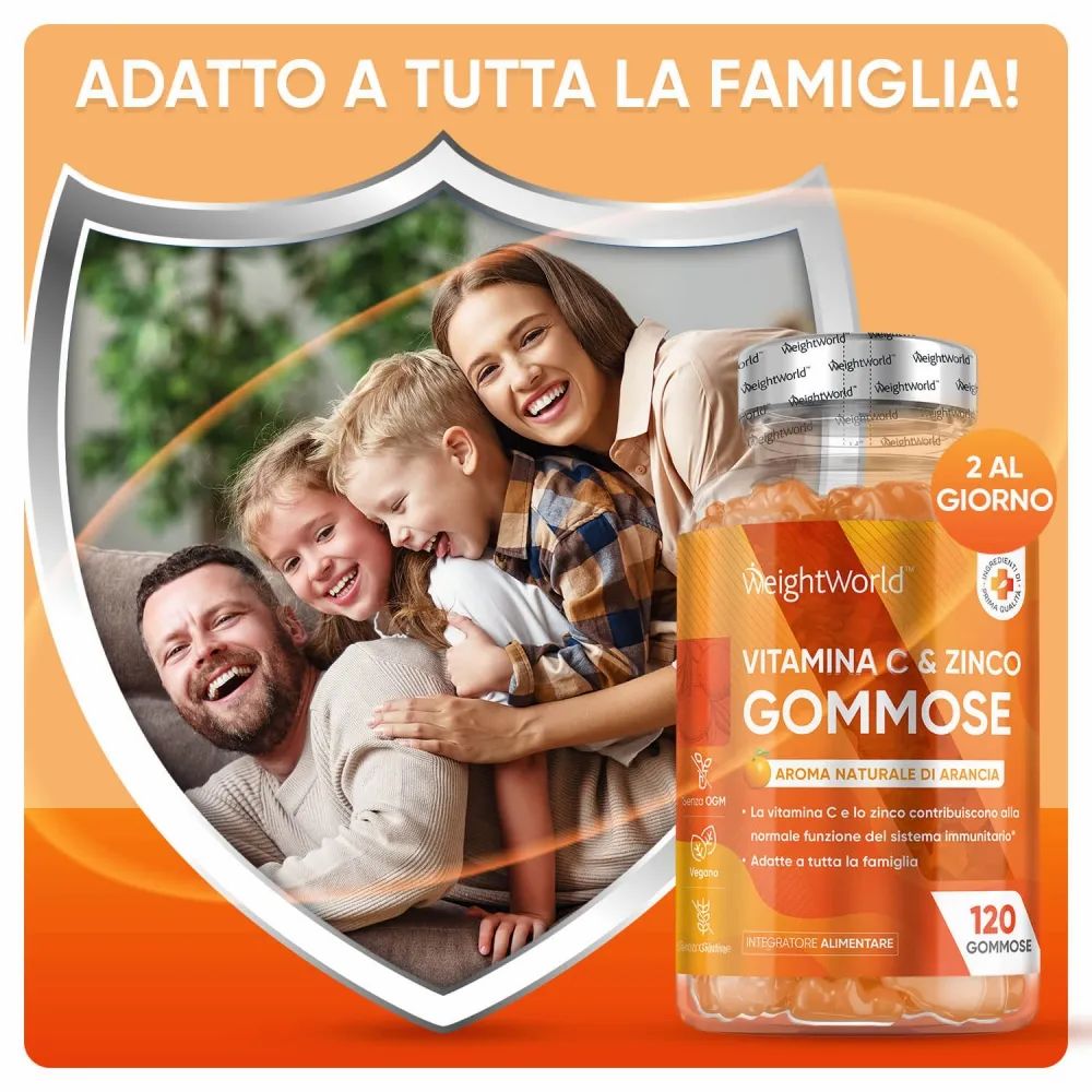 Famiglia con Weightworld Vitamin C & Zink Gummibärchen. Bottiglia, testo. 120 caramelle gommose. 2 al giorno.