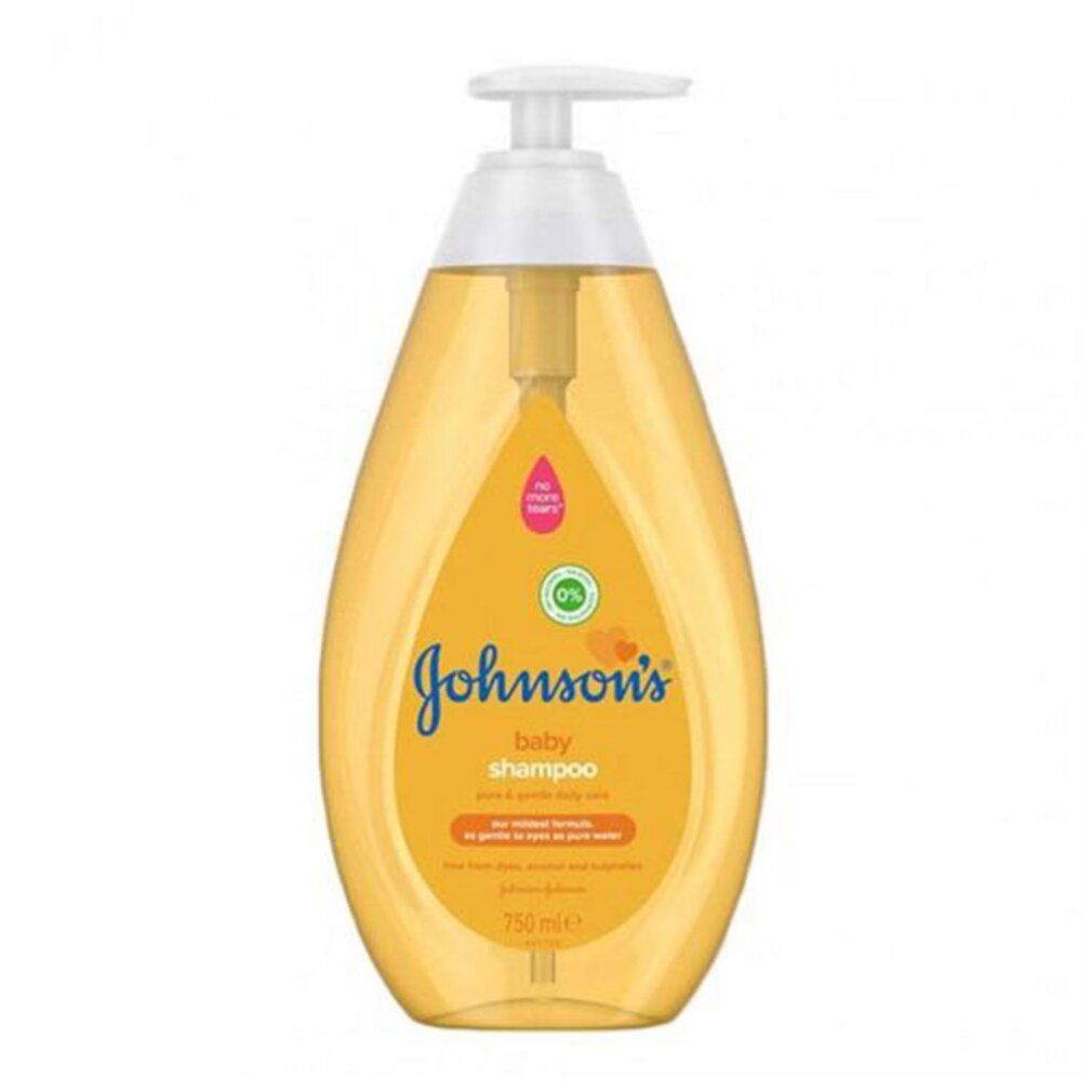 Flacone giallo con pompa. Scritta: Johnson's baby shampoo. Nome del prodotto e logo visibili. Contenuto: 750ml.