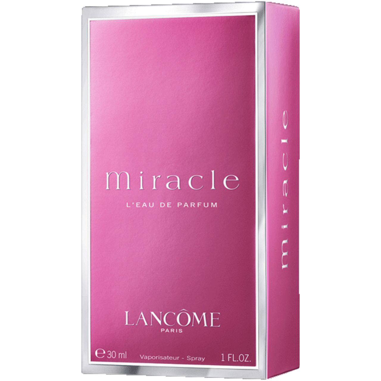 Scatola LANCÔME Miracle, rosa, cornice argento. Scritta: Miracle, L'EAU DE PARFUM, e 30 ml, 1 FL.OZ.