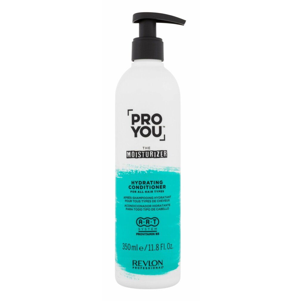 Flacone bianco con dosatore nero. Testo: PRO YOU THE MOISTURIZER, Hydrating Conditioner. Striscia turchese. 350ml/11.8 Fl. Oz. Revlon Professional.