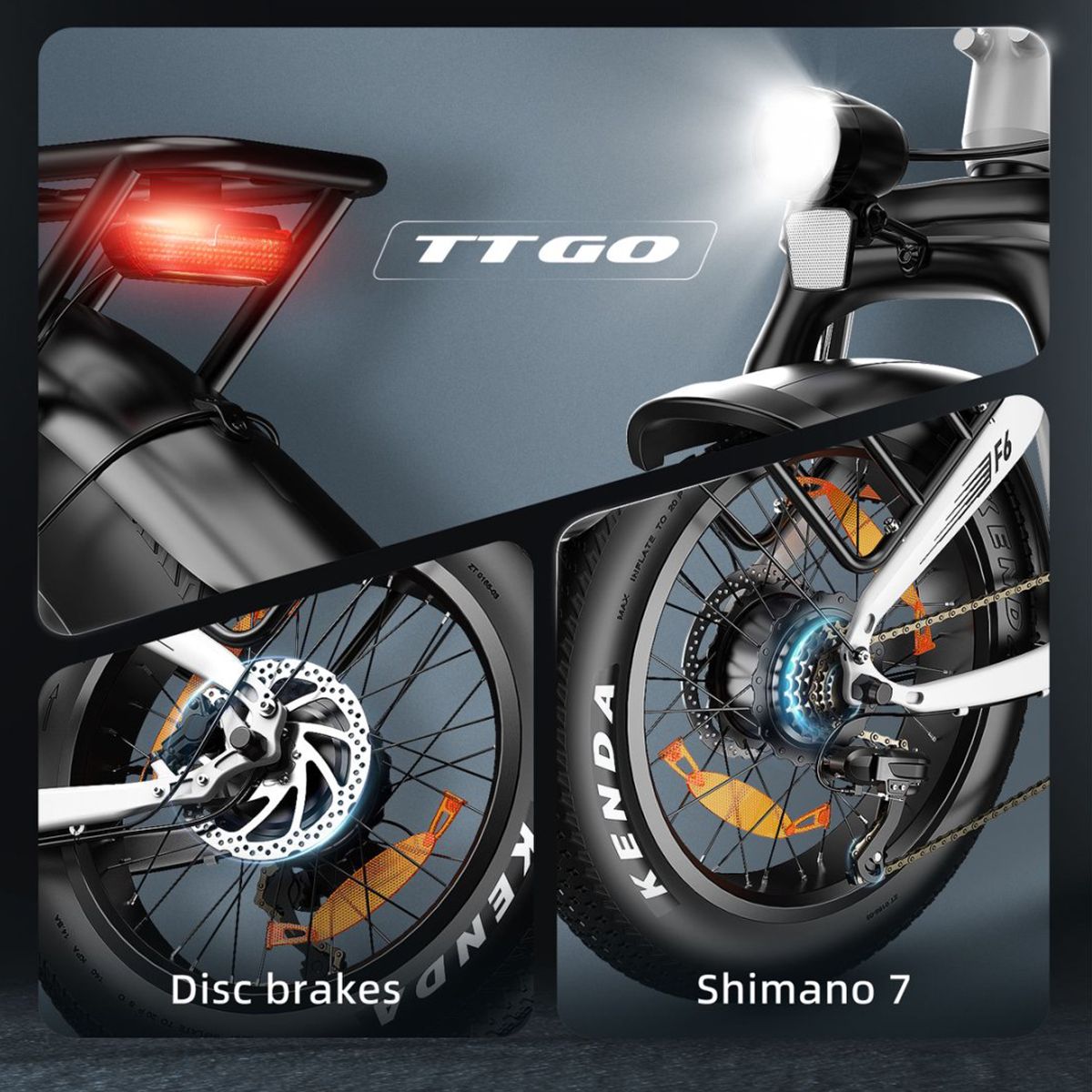 Primo piano dei componenti e-bike: freni a disco, Shimano 7, marchio TTGO, modello F6.