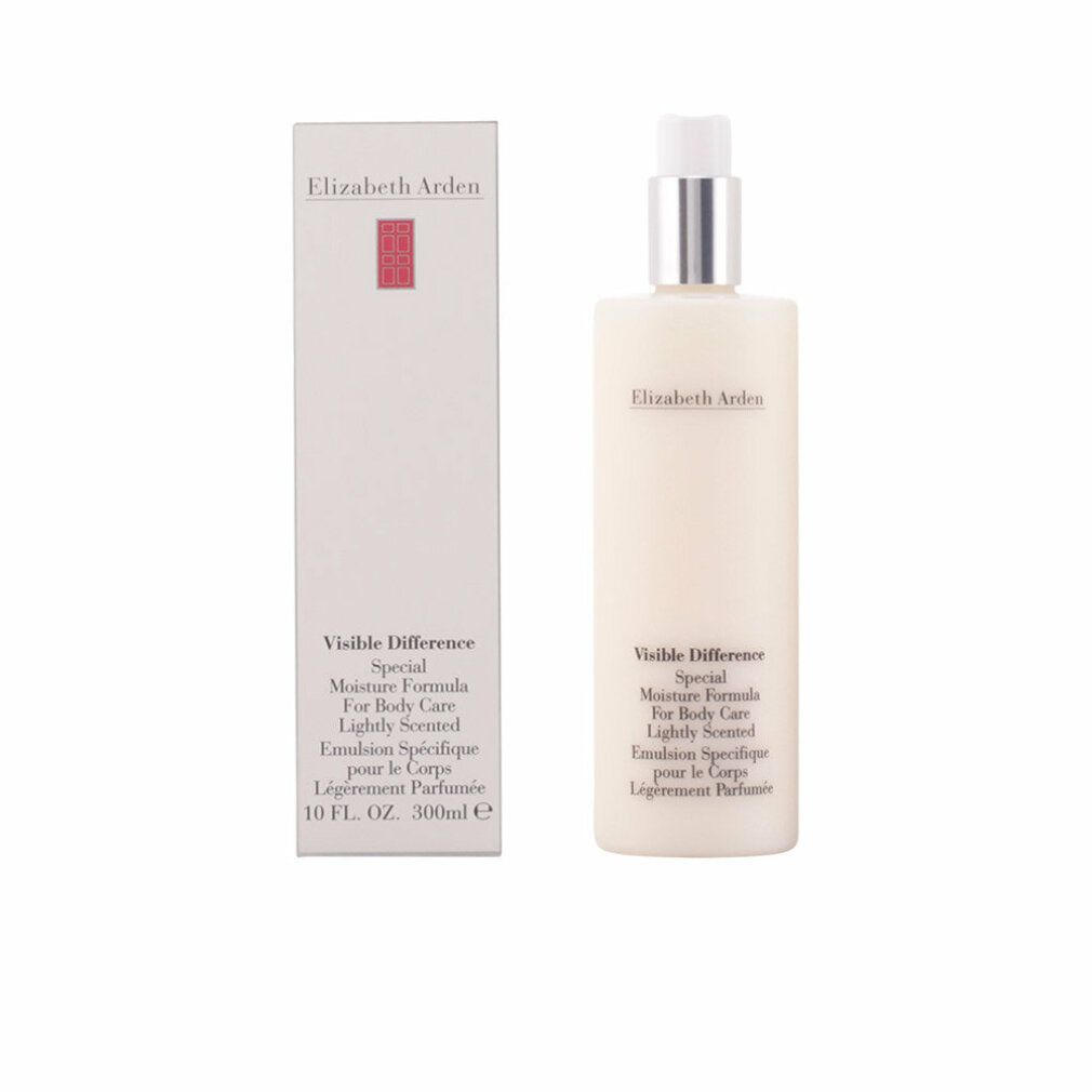 Flacone e confezione beige. Scritta: Elizabeth Arden, Visible Difference, Special Moisture Formula. Accento rosso.