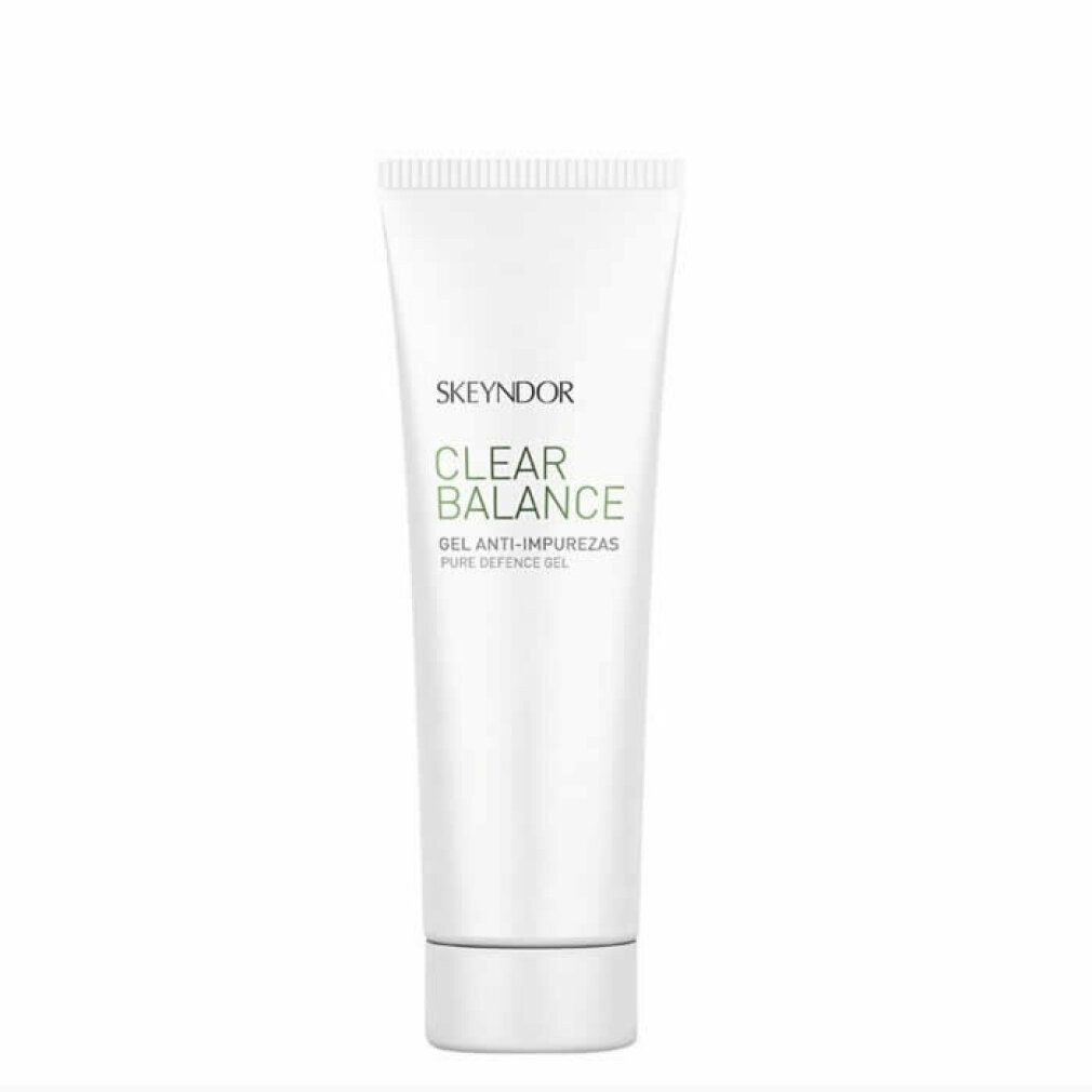 Tubo bianco con Skeyndor Clear Balance Gel. Testo nero e verde. Scritto: Gel Anti-Impurezas Pure Defence Gel.