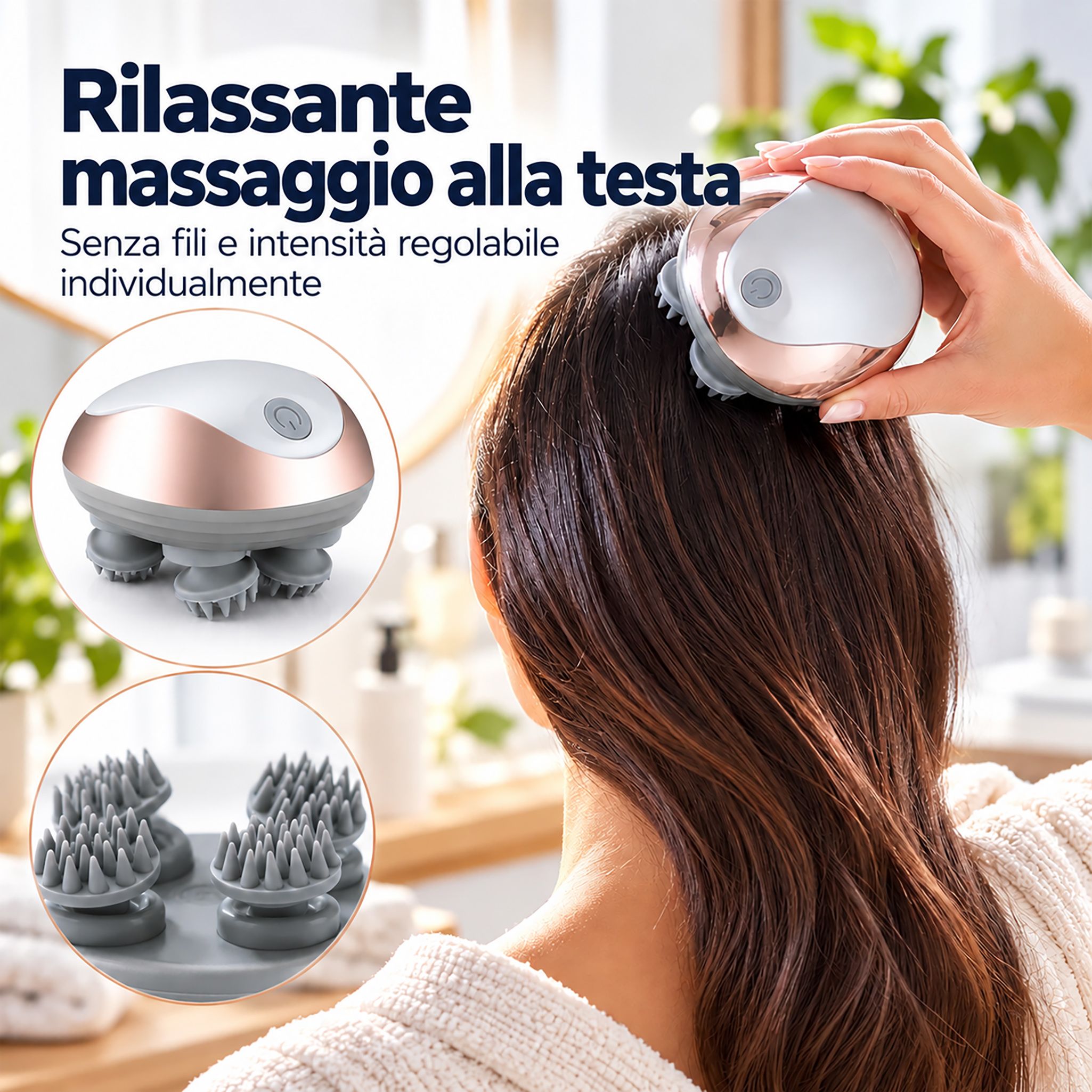 Massaggiatore per la testa con quattro testine massaggianti rotanti in silicone, bianco con centro oro rosa.