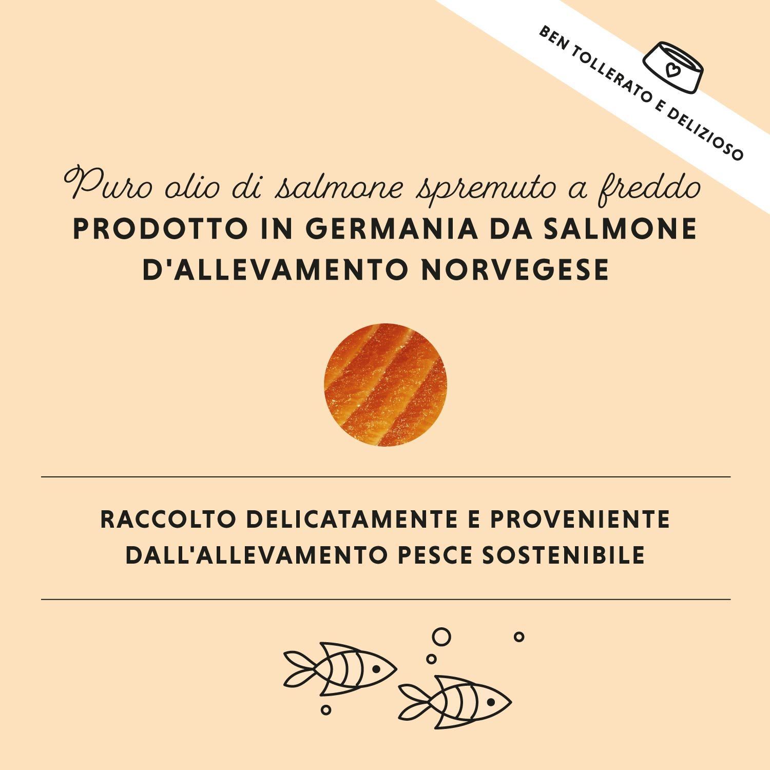Olio di salmone puro spremuto a freddo. Prodotto in Germania. Illustrazione di pesce.