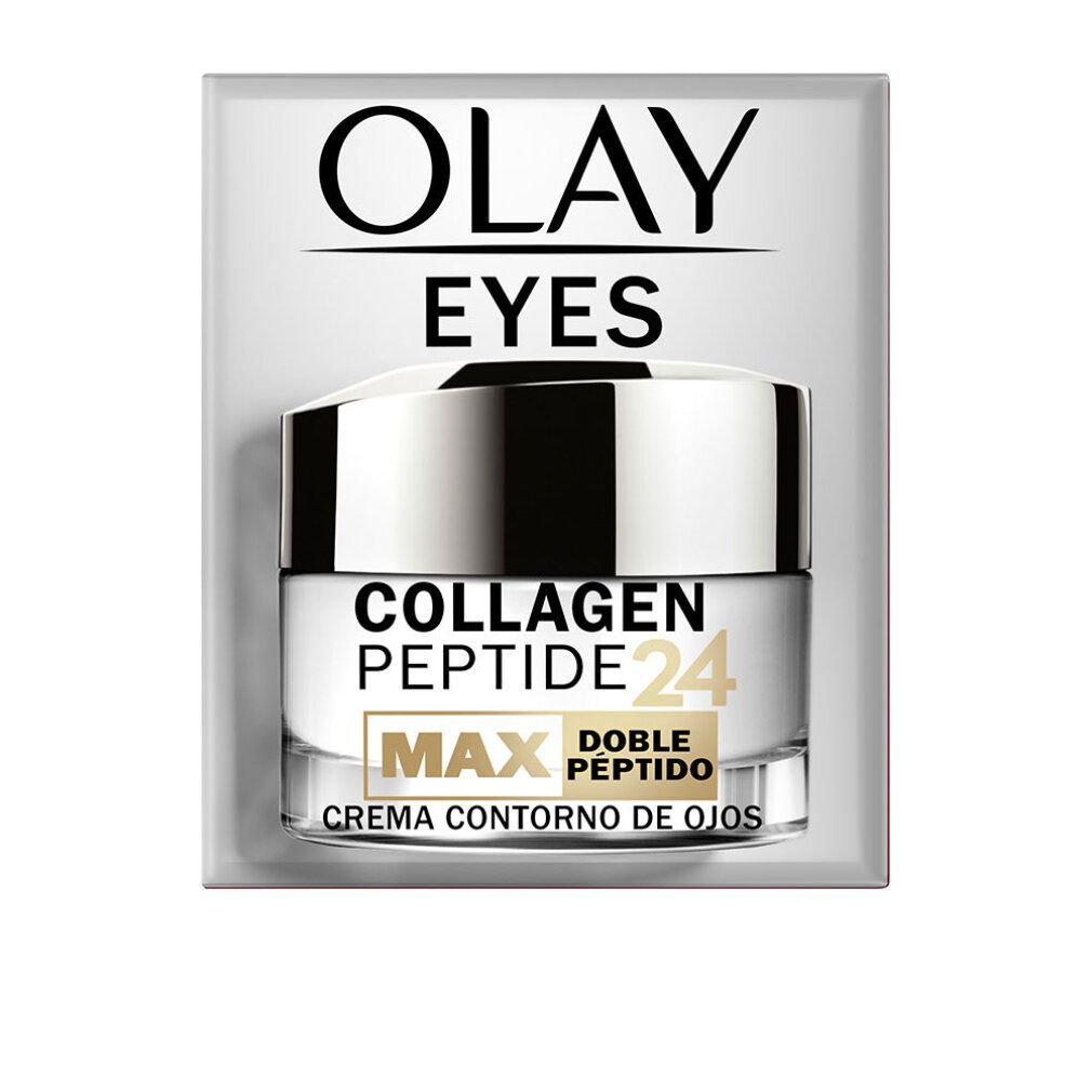 Olay Eyes Collagen Peptide 24 Max Crema Occhi. Prodotto e confezione. Vasetto bianco, coperchio argentato. Testo: Collagen Peptide 24 Max.