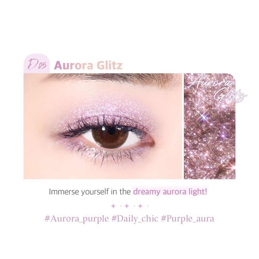Occhio con ombretto. A destra testo: Aurora Glitz. Testo: #Aurora_purple #Daily_chic #Purple_aura.