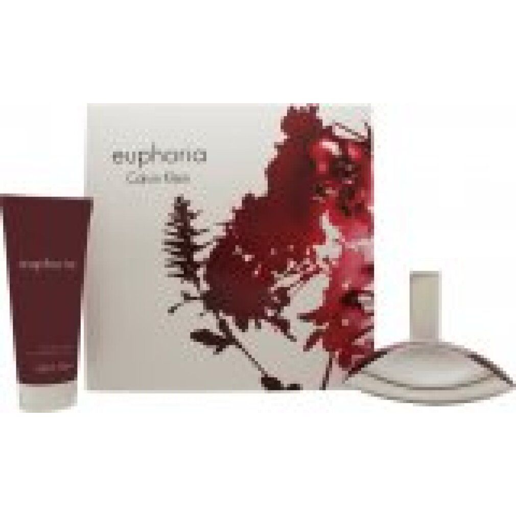 Set regalo Euphoria di Calvin Klein. Include flacone e lozione corpo. Confezione bianca, design floreale rosso.