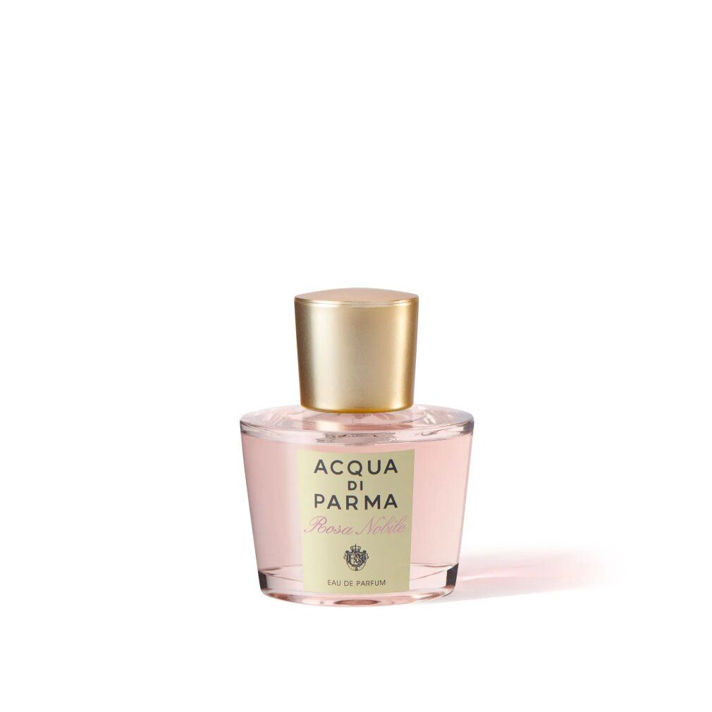 Flacone di profumo con tappo dorato e liquido rosa. Scritta: Acqua di Parma Rosa Nobile.