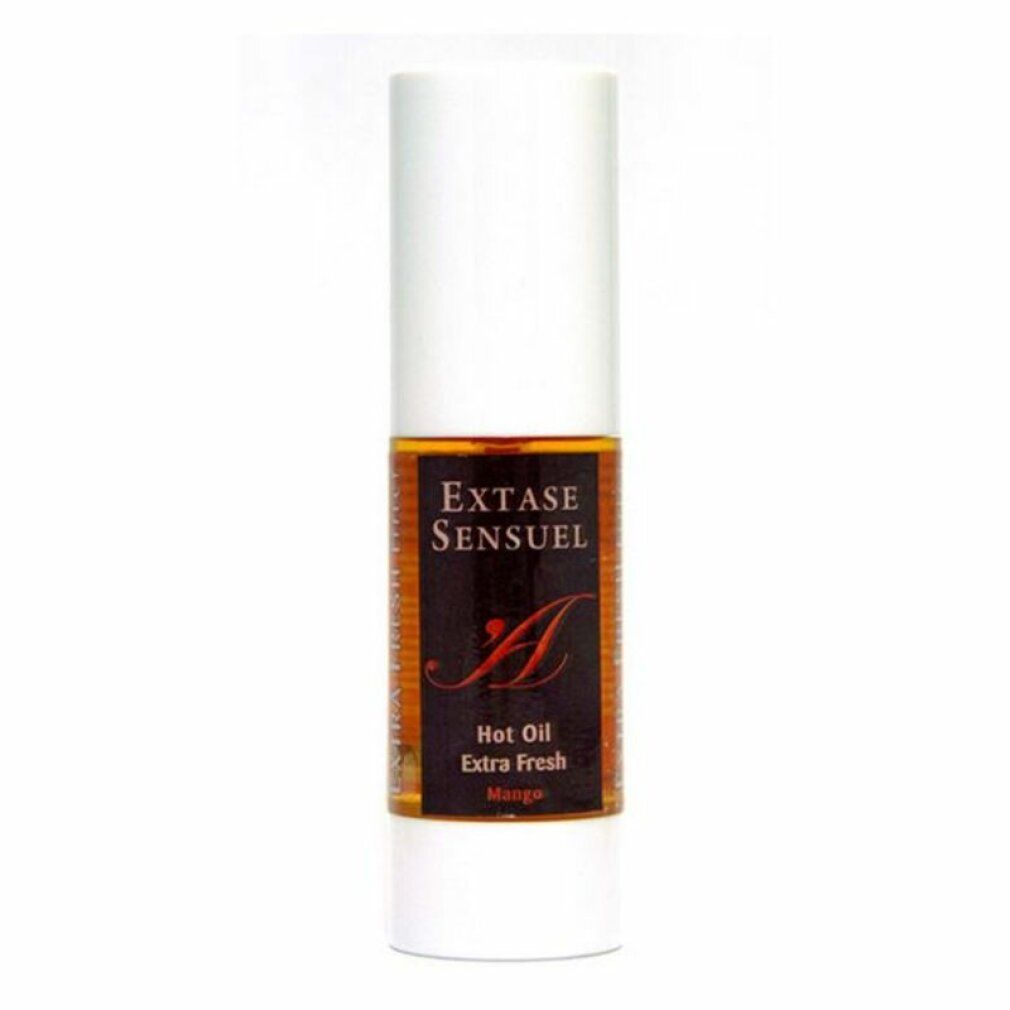 Flacone cilindrico con etichetta. Scritta: Extase Sensuel, Hot Oil Extra Fresh, Mango. Tappo bianco.