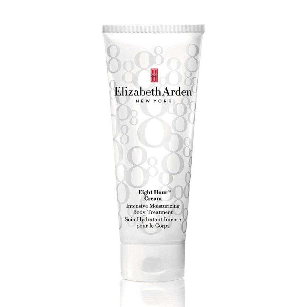 Tubo bianco con logo Elizabeth Arden e testo. Nome prodotto: Eight Hour Cream Intensive Moisturizing Body Treatment.