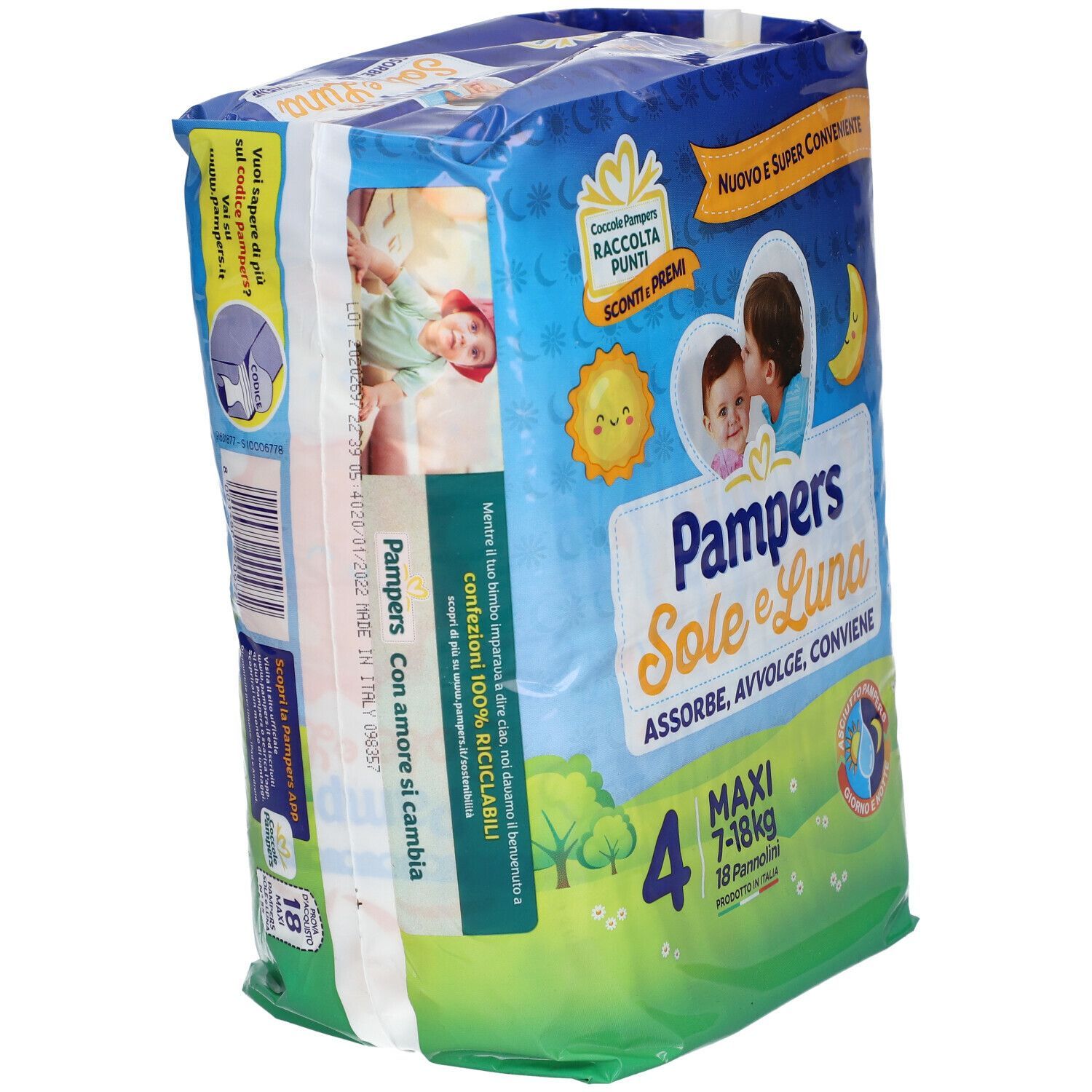 Pampers Sole e Luna Maxi, confezione. Taglia 4, 7-18 kg. Imballaggio con illustrazioni di bambini e informazioni.