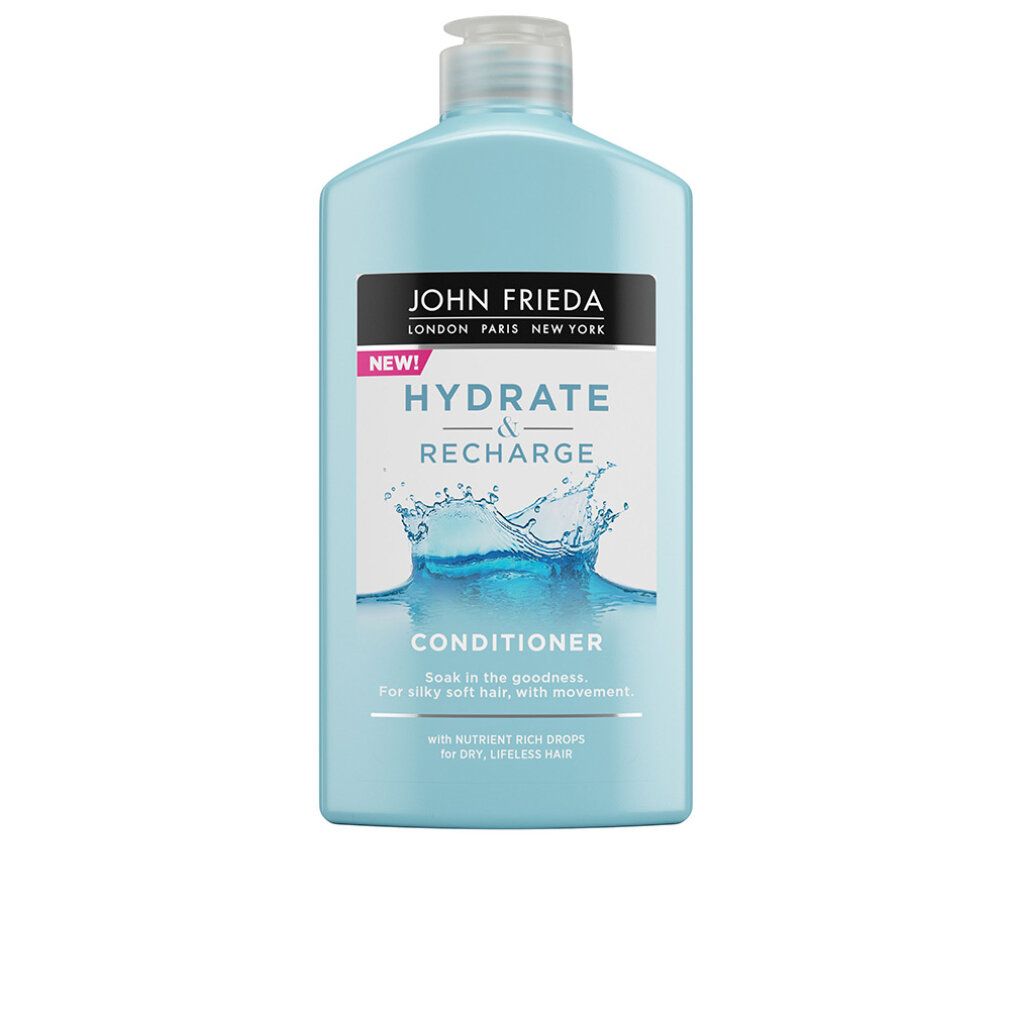 Flacone azzurro John Frieda Hydrate & Recharge Conditioner. Etichetta con grafica d'acqua. Scritta: Conditioner.