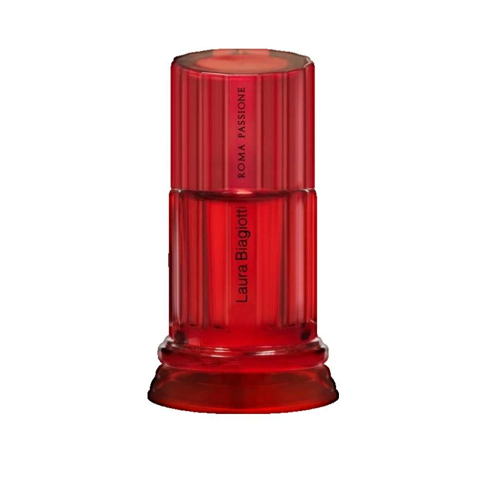Flacone rosso Roma Passione di Laura Biagiotti. Forma cilindrica, superficie scanalata. Scritta Roma Passione.