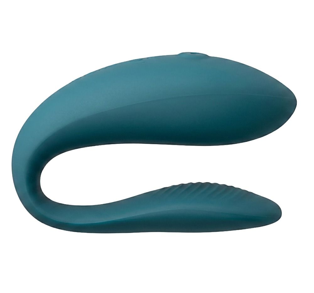 Un vibratore curvo color turchese.