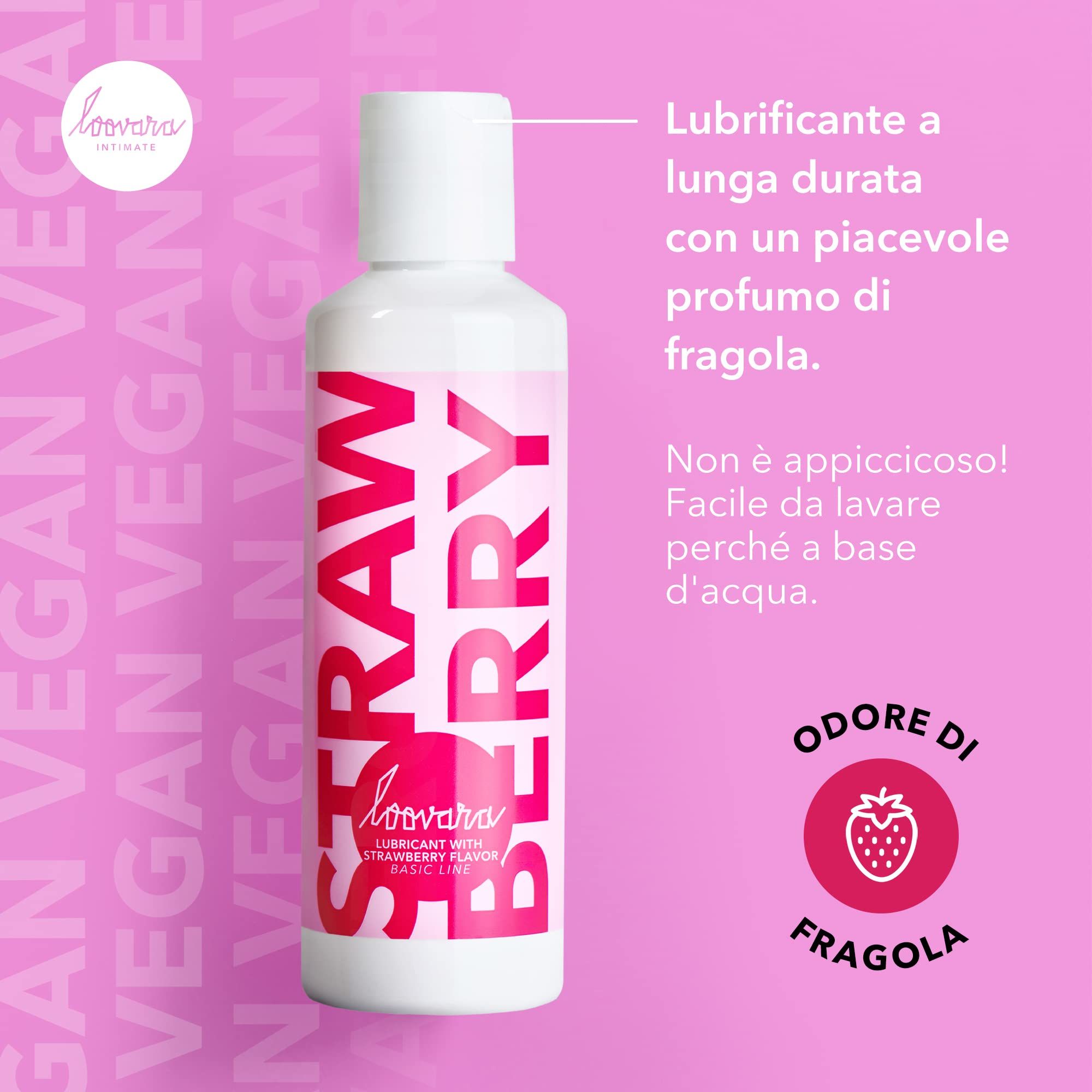 Flacone Loovara Gel Lubrificante Fragola con testo sull'effetto duraturo e il profumo.