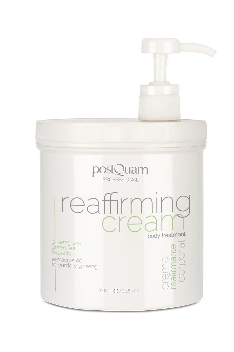Vaso bianco con pompa. Scritta: PostQuam, reaffirming cream, estratti di tè verde e ginseng. 1000 ml.