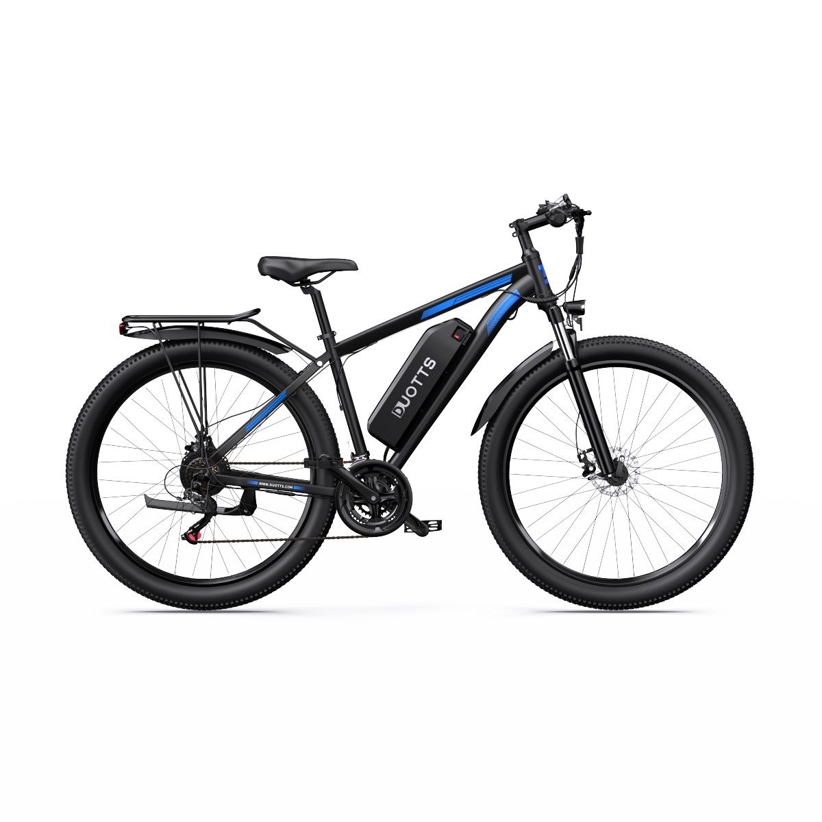 E-MTB nero con dettagli blu. Visibili: logo DUOTTS, parafanghi, portapacchi, freni a disco.