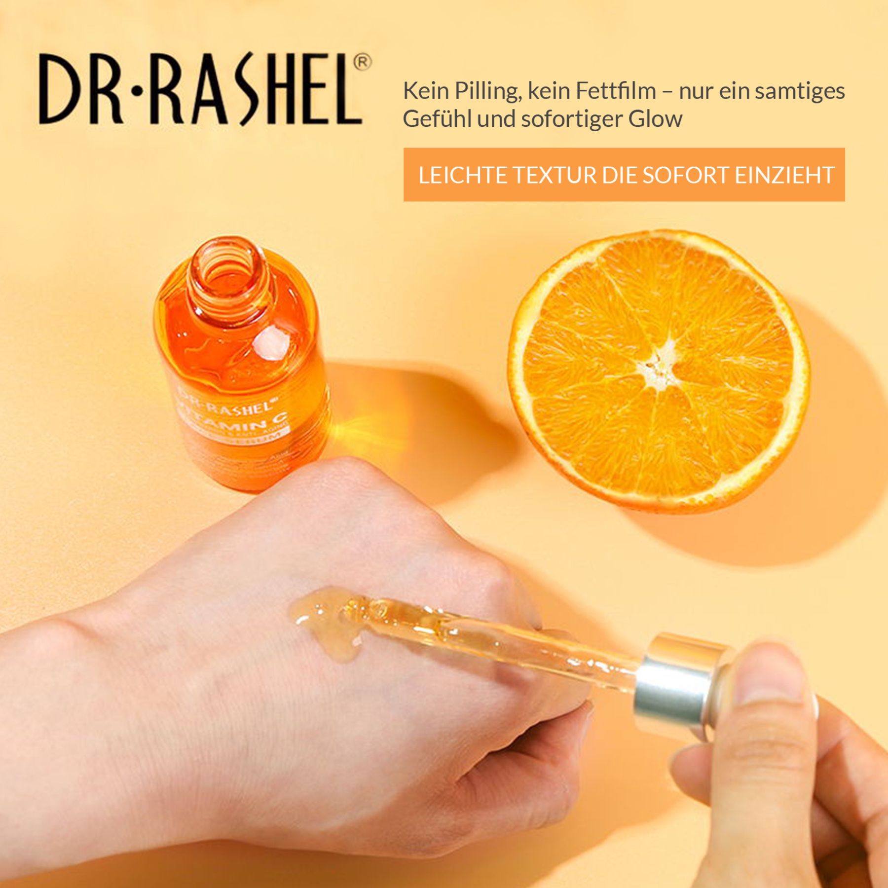 Mano con goccia di siero DR. RASHEL alla vitamina C. Liquido arancione. Testo: Texture leggera che si assorbe subito. Sfondo arancione.