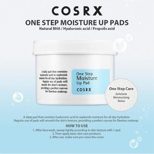 Barattolo bianco con testo "ONE STEP MOISTURE UP PADS" e "COSRX". Testo e illustrazioni aggiuntivi.