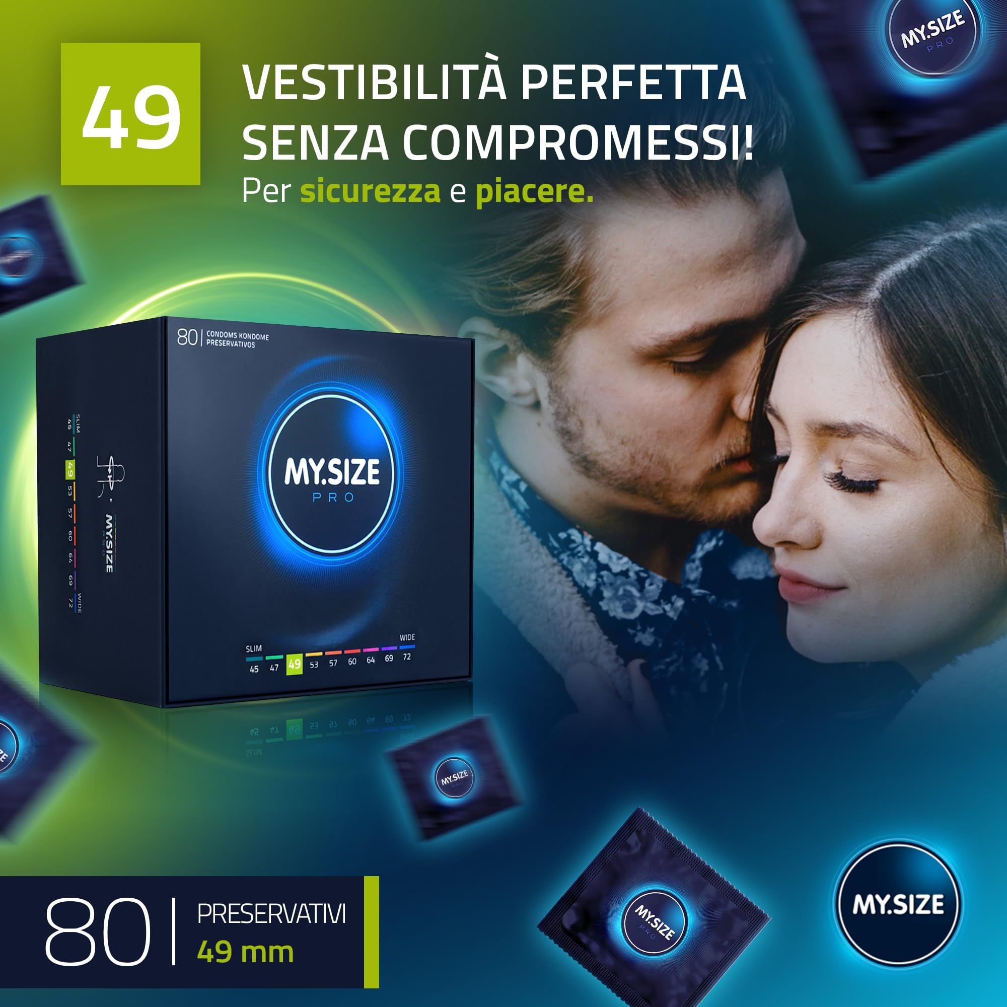 Preservativi My.Size PRO 80 pezzi, 49mm. Confezione e bustine singole.
