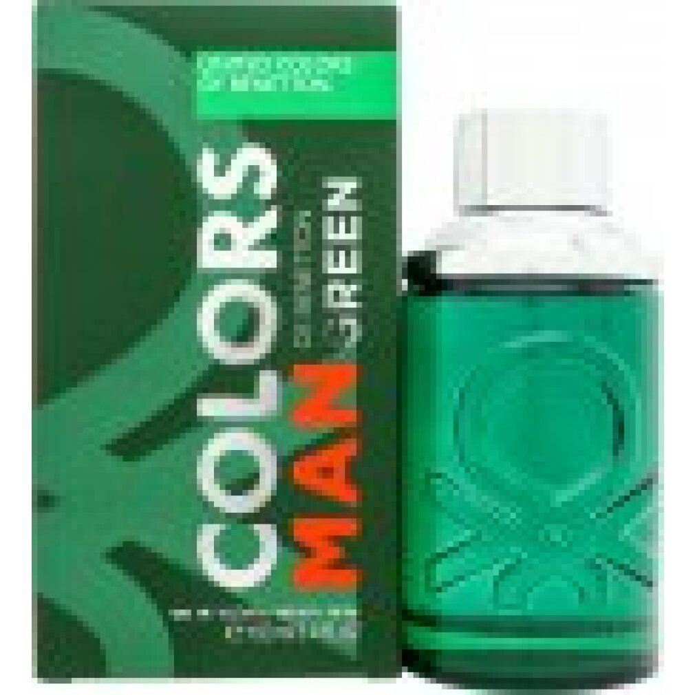 Flacone e confezione verdi. Scritta: COLORS MAN GREEN. Flacone rettangolare con tappo bianco. Confezione verde con logo.