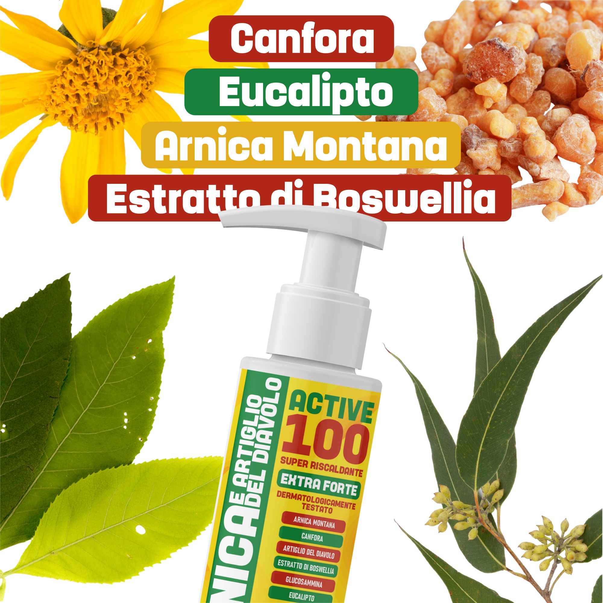 Flacone di prodotto con etichetta gialla, circondato da piante e ingredienti. Testo: «Arnica e Artiglio del Diavolo Active 100 Super Riscaldante».