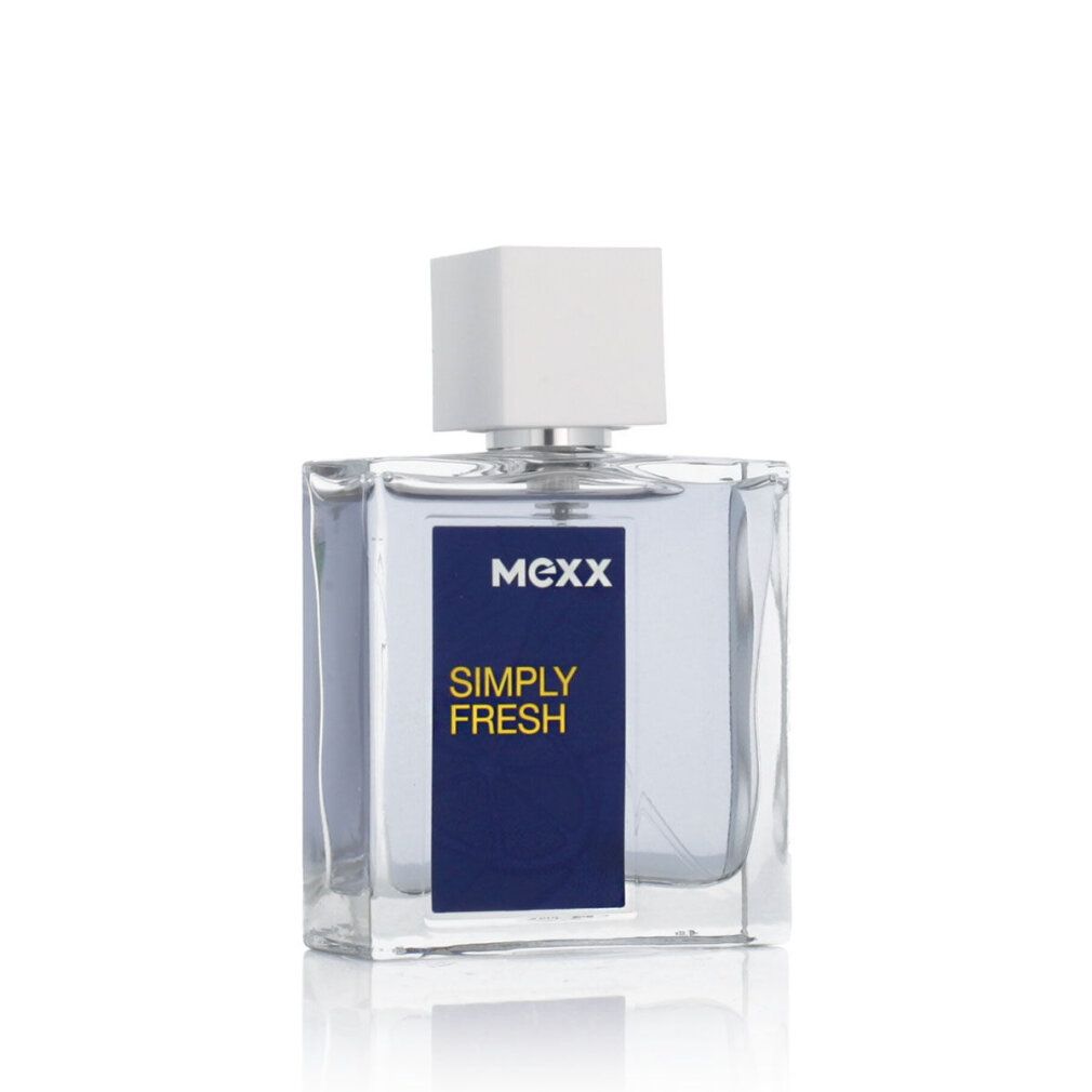 Mexx Simply Fresh Eau de Toilette Spray. Flacone trasparente con tappo bianco. Etichetta blu con nome del prodotto. Forma quadrata.