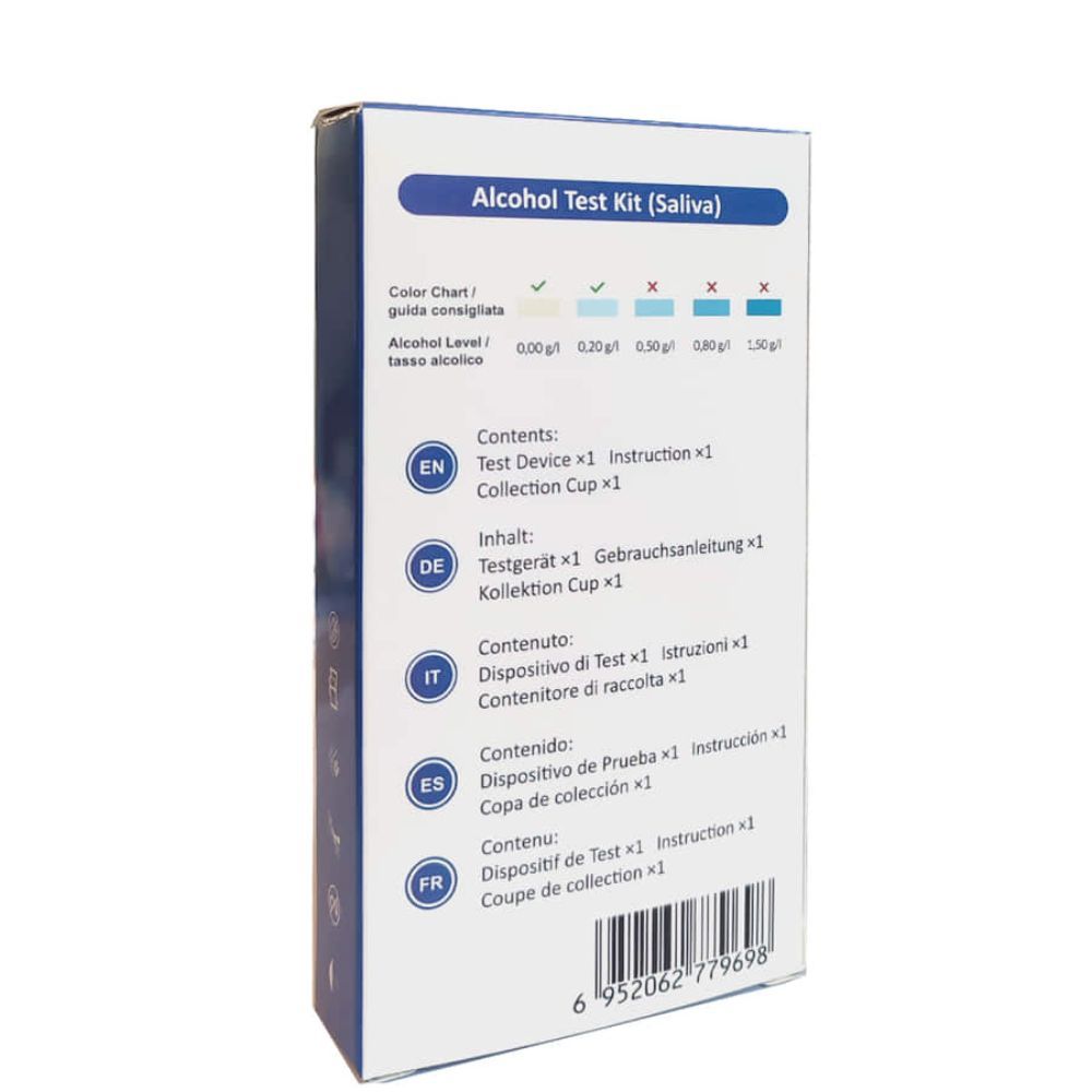 Retro della confezione del kit We Test per test alcolico salivare. Contiene informazioni multilingue e una tabella dei colori.