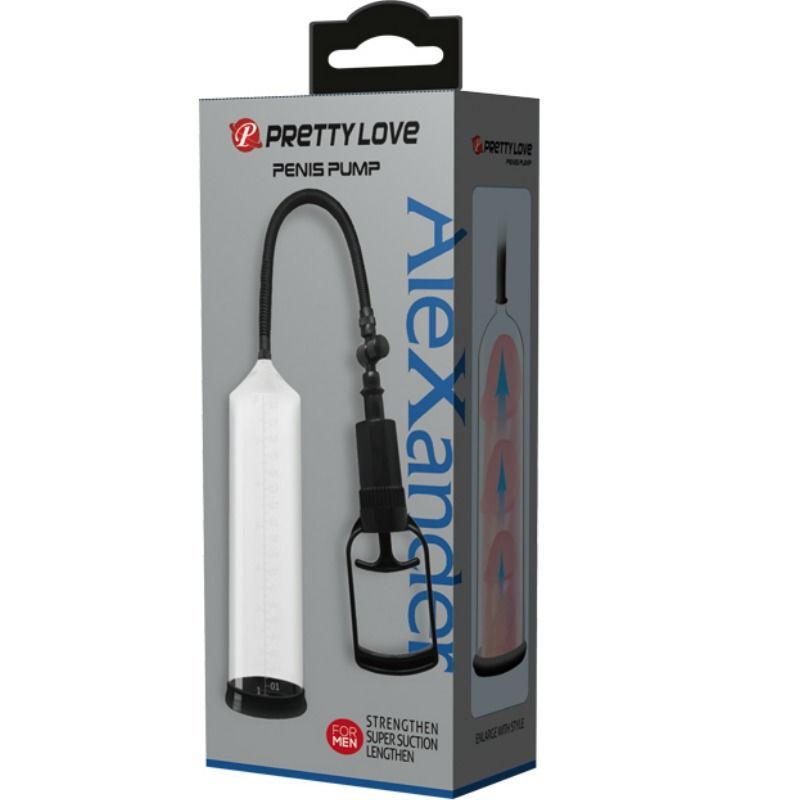 Confezione della pompa peniena. Nome prodotto: Pretty Love Alexander. Testo: Strengthen Super Suction Lengthen.