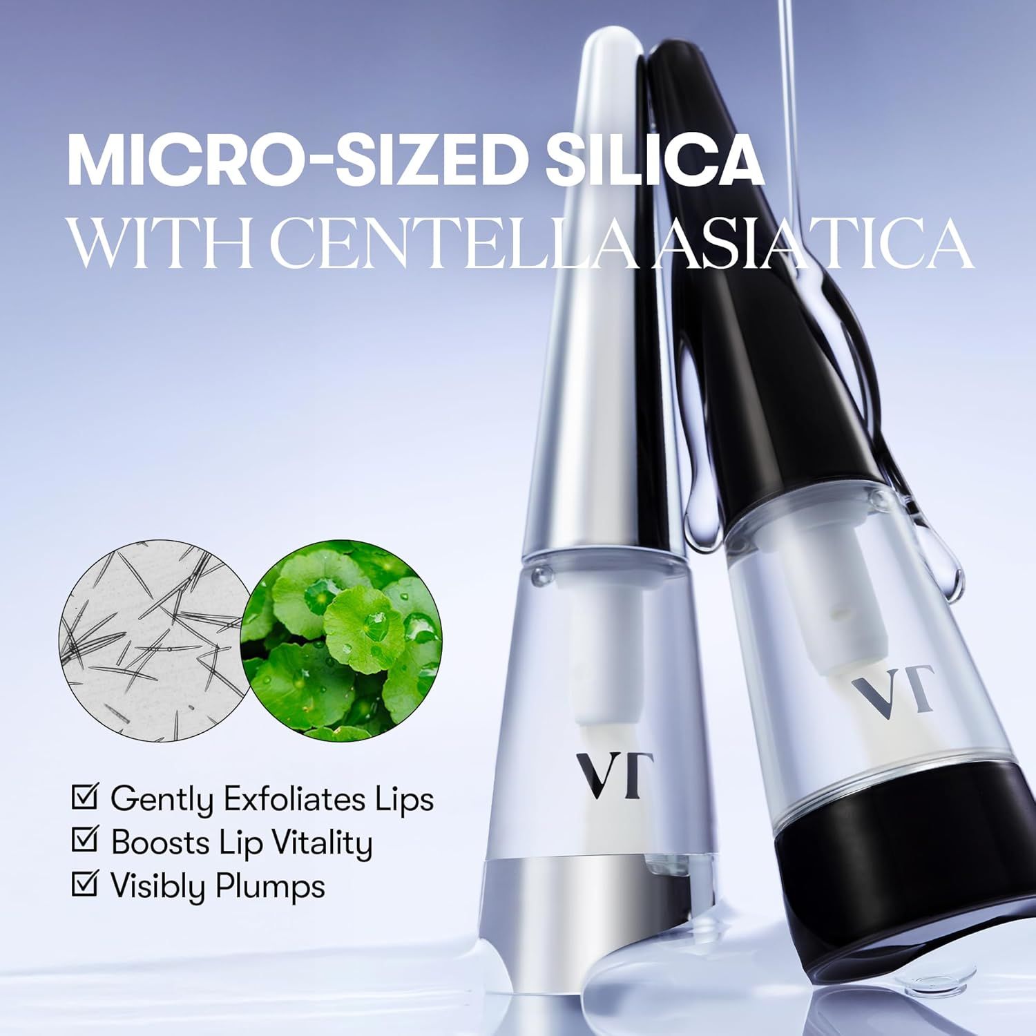 Due flaconi di lip plumper con applicatori. Testo: Micro-Sized Silica with Centella Asiatica. Caratteristiche.