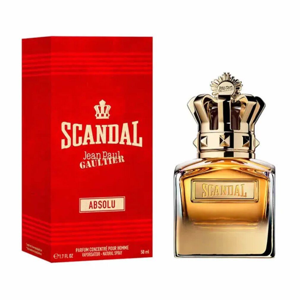 Flacone di profumo con corona dorata e scatola rossa. Scritto: Scandal Absolu. 50 ml.