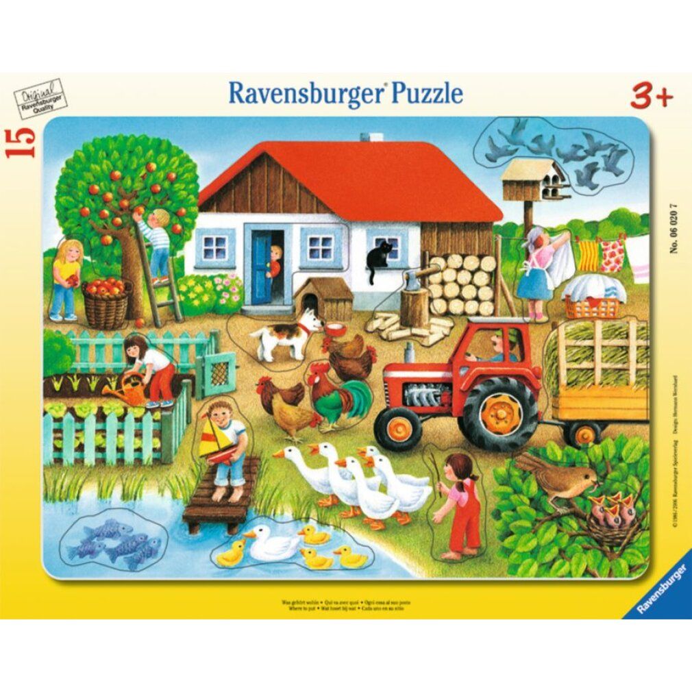 Puzzle con motivo fattoria. Casa, animali, persone. Logo Ravensburger e raccomandazione d'età 3+.