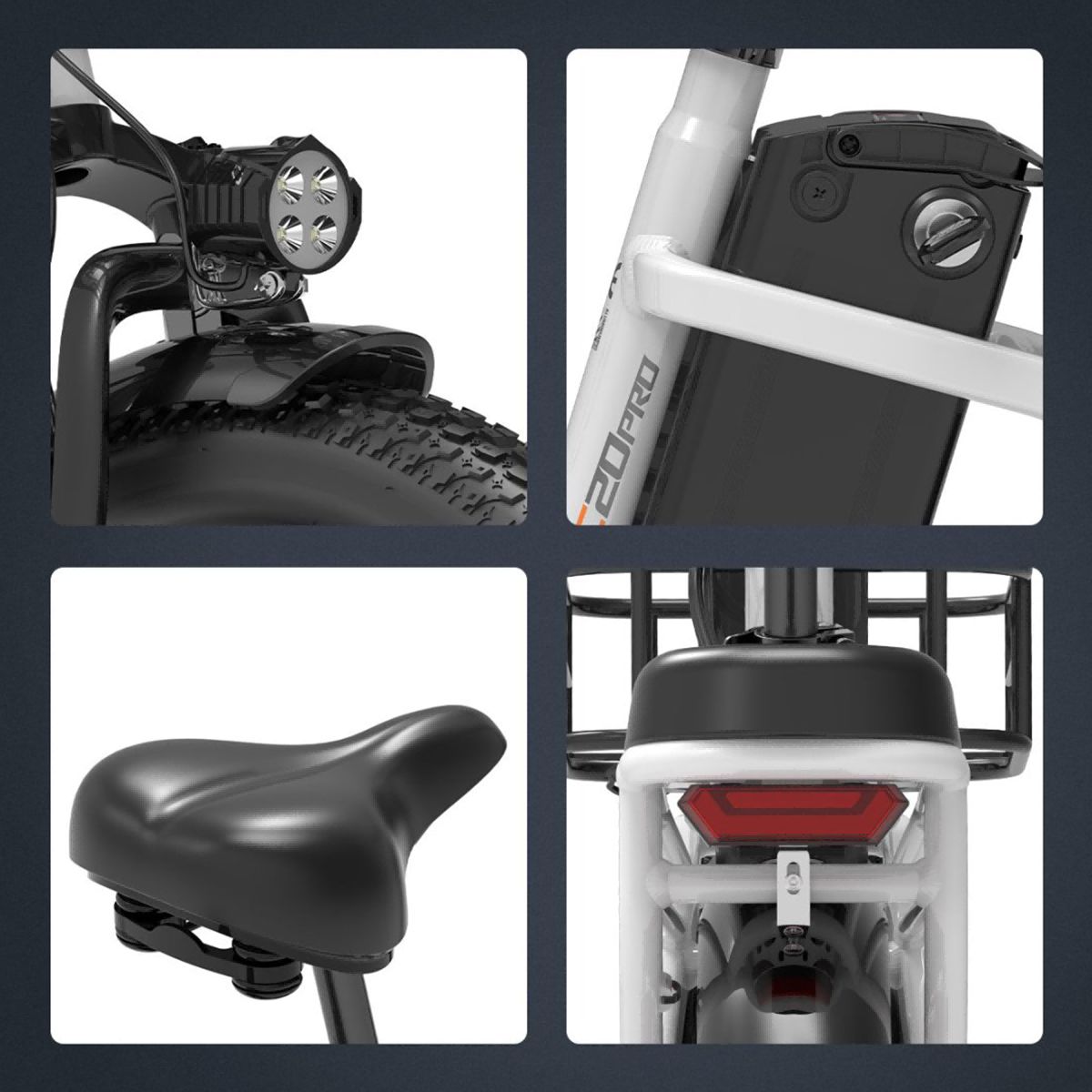 Primi piani di parti della bici: faro, batteria, sella e fanale posteriore. Elementi neri e bianchi. Adesivo "C20 Pro".