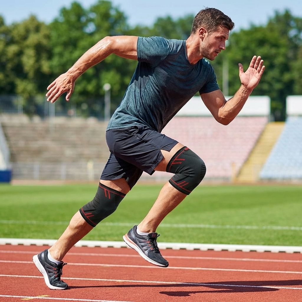 Uomo che corre su una pista. Indossa ginocchiere. Accenti grigi e rossi.