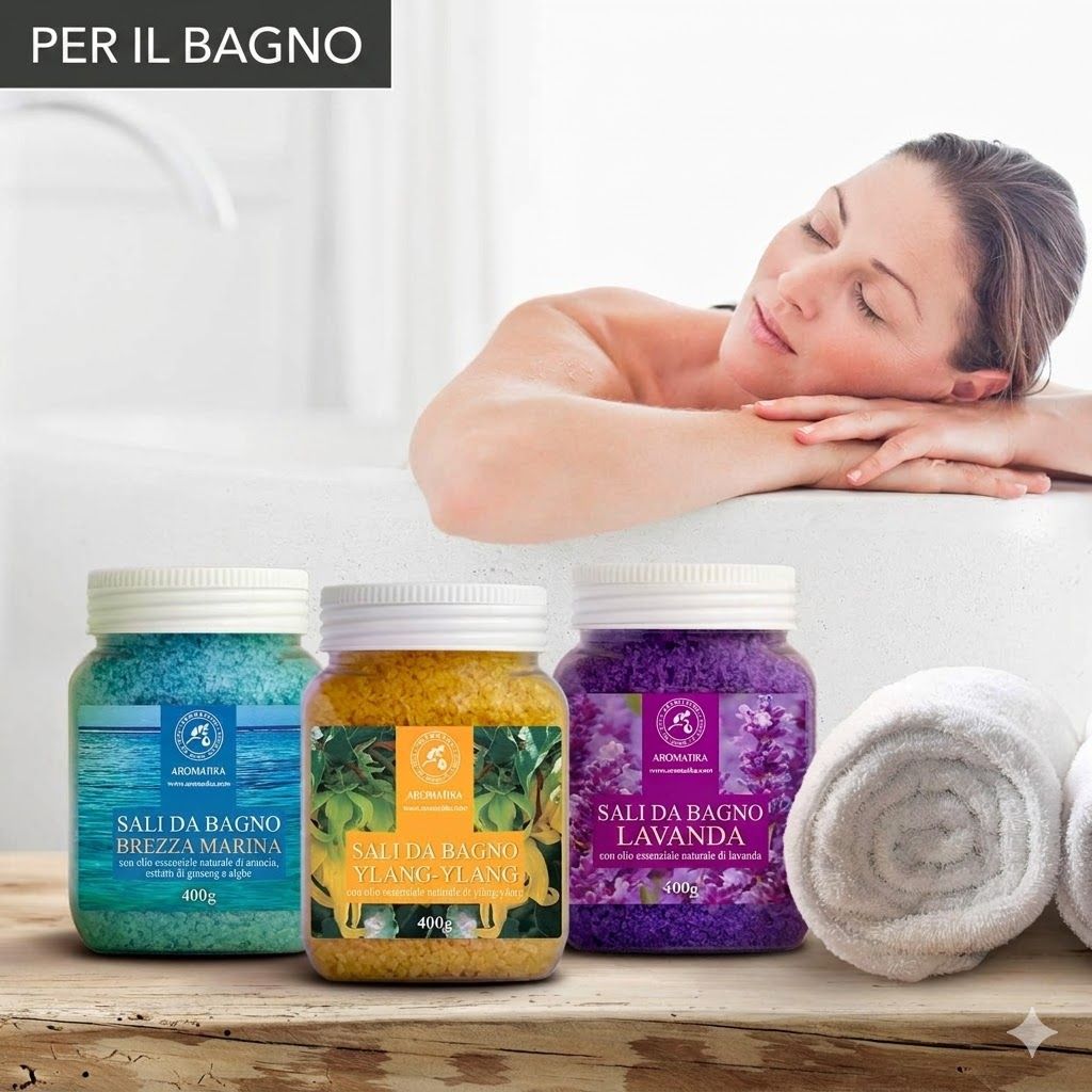 Tre barattoli di sali da bagno accanto a una donna nella vasca. Blu, giallo e viola. Scritte: Brezza Marina, Ylang-Ylang, Lavanda.
