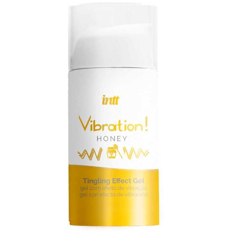 Flacone di gel con tappo bianco e base gialla. Scritta: Vibration! Honey, Tingling Effect Gel.