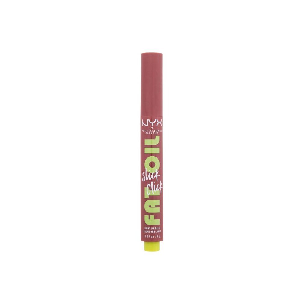Stick di balsamo labbra. Stick rosa con punta verde. Scritta: FAT OIL slick click. Marchio: NYX Professional Makeup.