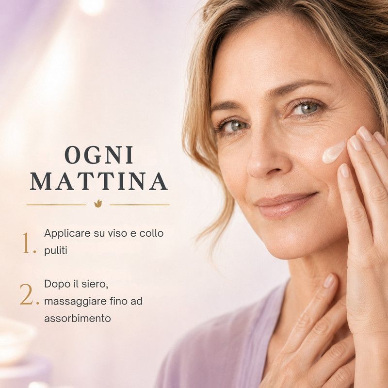 Istruzioni per l'applicazione della crema viso: applicare su viso e collo puliti.